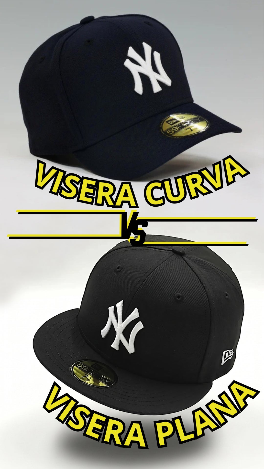 Comparativa visera plana vs curvada — misma gorra, dos estilos